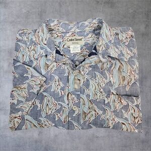 Vintage Cooke Street Light Blue Angel Fish Hawaiian Shirt Size XL Resortwear D86